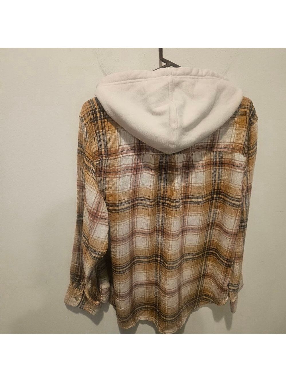Women's American Eagle Oversized Hooded Plaid Flannel Shirt L Beige Brown - Picture 9 of 11